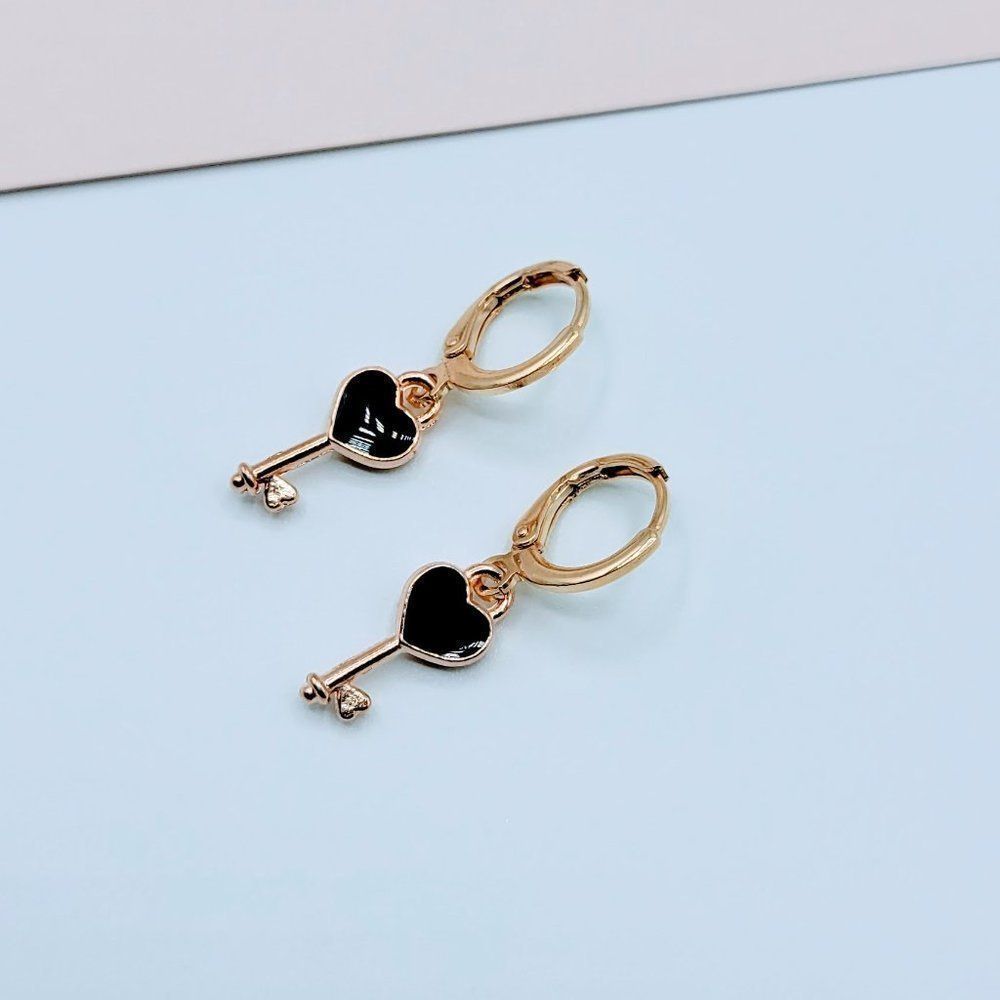 7/$35 Gold & Black Enamel Heart Key Earrings - Picture 5 of 6